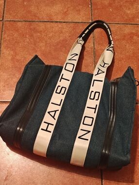 Halston Heritage Navy Canvas Duffel with Cream Branded Straps